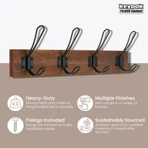 keypak Rustic Wall Mounted Coat Rack, Vintage Double Wire Coat Hooks on Wooden Base, Fixings Included (4 Hooks, Antique Finish)