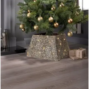 Champagne Gold Glitter Christmas Tree Skirt With Stars & 35 LED Lights Battery-Powered 50X30x30cm Sparkling Festive Tree Base