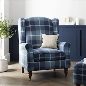 Dunelm Oswald Grande Check Wingback Armchair, Country, Blue, Navy Oswald Wingback, Textured Weave Fabric