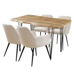 Hallowood Furniture Cullompton Large Dining Table 120cm, Live Edge Effect Top,  with 4 Beige Fabric Arm Chairs