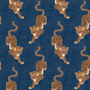 furn. Tibetan Tiger Blue Animal Printed Wallpaper Sample