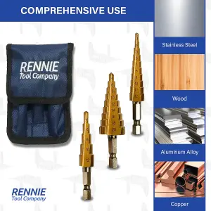 Rennie Tools 3 Piece HSS Step Drill Bit Set + Storage Pouch / 3-12mm 4-12mm 4-20mm / Titanium (TiN) Coated Cone Hole Cutter