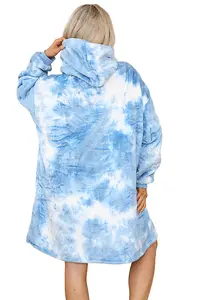 MS9 Women's Oversized Hoodie Wearable Blanket Hoodie Top With Sherpa Lining Dark Blue and White