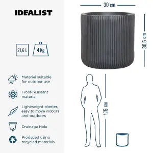 IDEALIST 30cm Round Planter, Ribbed Black Reinforced Stone Cylinder Outdoor Plant Pot D30 H30 cm, 21.6L