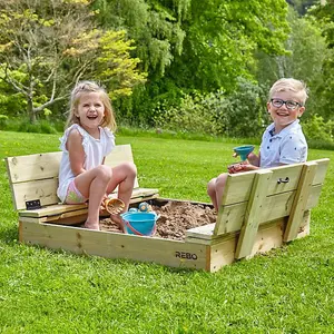 Rebo Wooden Sandpit Ball Pool with Folding Lid and Benches Sandbox 100cm x 100cm