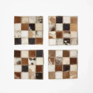 Homescapes Block Check Brown Leather Coasters Set of 4