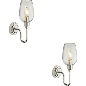 2 PACK Bright Nickel Dimmable Wall Light - Clear Glass Shade - 6W LED E14 Candle