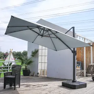 3M Large Square Canopy Rotatable Tilting Garden Rome Umbrella Cantilever Parasol with 100 L Fillable Base, Light Grey