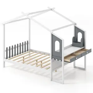 COSTWAY Double Size Wooden Kids House Bed Frame with Desk