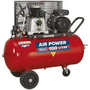 100 Litre Mobile Belt Drive Air Compressor - 3hp Motor - Cast Cylinders - Wheels