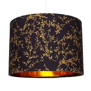 Modern Black Cotton Fabric 12 Lamp Shade with Gold Foil Floral Decoration