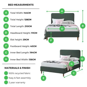 Furniturebox UK Double Bed - 'Romy' Upholstered Green Double Bed Frame Only (No Mattress) - 100% Recycled Eco Fabric