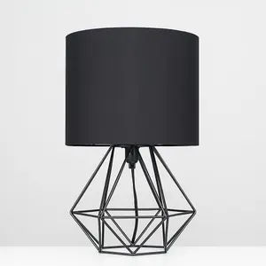 ValueLights Angus Pair of Black Metal Basket Cage Bed Side Table Lamps with Black Fabric Shades and LED Bulbs In Warm White