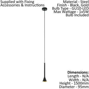 Pendant Ceiling Light Colour Black Outer & Gold Inner Shade Bulb GU10 1x5W Inc