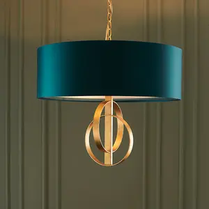 Antique Gold Ceiling Pendant Light & Teal Satin Shade - 3 Bulb Hanging Fitting