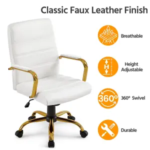 Yaheetech Height Adjustable PU Leather Office Chair with Gold Frame and Wheels - White