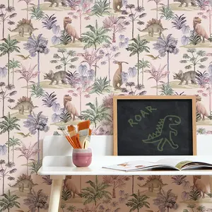 Dino Adventures Wallpaper in Soft Pink