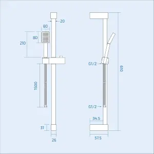 Chrome Square Shower Slide Rail Kit Adjustable Head Height