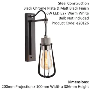 Matt Black Industrial Wall Light - Black Chrome Knurled Detailing Lamp Holder