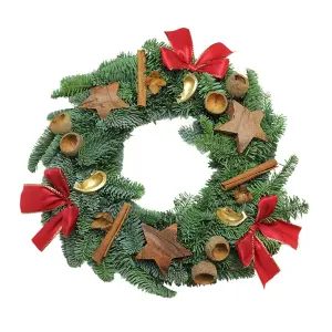 Real Christmas Wreath with Dried Flowers Cinnamon & Ribbon - 30cm/12" - Noble Fir Wreath For Indoor/Outdoor Christmas Decoration