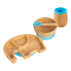 Tiny Dining - Elephant Bamboo Suction Baby Feeding Set - Blue - 4pc