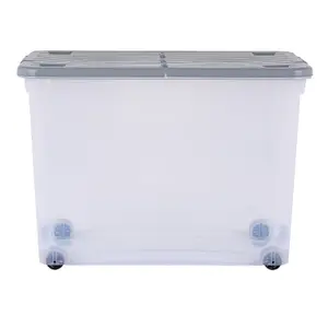 3 x Wham 80L Stackable Plastic Storage Box with Wheels & Folding Lid Clear/Cool Grey