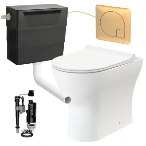 Rimless D Shape Back to Wall Toilet Pan with Soft Close Seat & Concealed Cistern Brushed Brass Plate Button