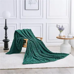 Large Sherpa Fleece Blanket  Fluffy Throw For Sofas, Bed, Armchair Jacquard Pattern King Size Throw Thermal Dark Green