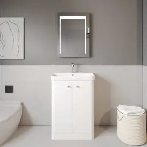 Floor Standing 2 Door Vanity Unit with Ceramic Basin - 600mm - Gloss White -Balterley