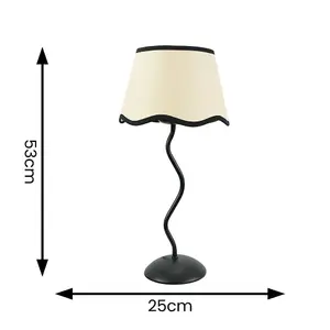 ValueLights Wiggle Black Metal Stem Table Lamp with Linen Scallop Black Trim Tapered Lamp Shade and LED Bulb