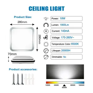 18W LED Square Ceiling Light, Black Edge,  daylight 6500K, 1900 Lumen