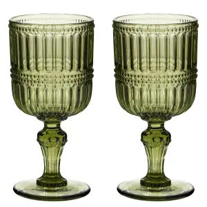 Set of 2 Luxury Embossed Green Drinking Wine Glass Wine Goblets 300ml