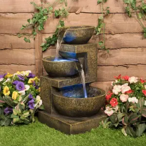 Primrose Kendall Stone Effect 3-Tier Cascading Garden Fountain Water Feature with LED Lights H48cm