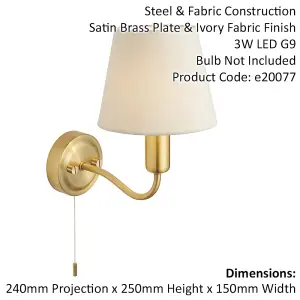 Bathroom Wall Light Fitting - Satin Brass Plate & Ivory Fabric Shade - Modern