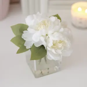 19cm White Roses Artificial plant in Clear Square Glass Vase