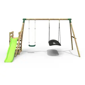 Rebo Wooden Swing Set plus Deck & Slide - Meteorite Green