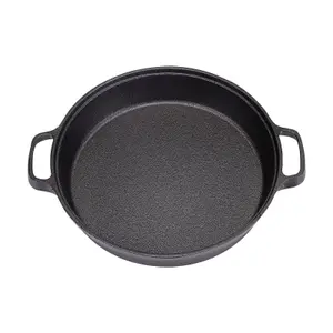 Black Round Pre Seasoned Cast Iron Kitchen Skillet Pan with Double Handles Dia 32cm