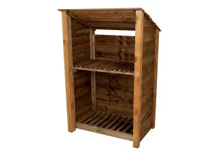 Wooden log store (roof sloping back) with kindling shelf W-119cm, H-180cm, D-88cm - brown finish