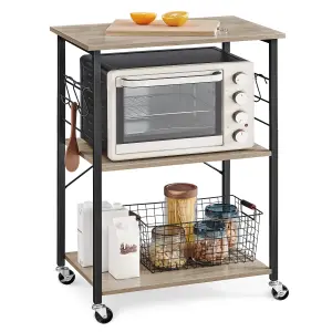 VASAGLE Kitchen Shelf on Wheels, Serving Trolley with 3 Shelves, Microwave Shelf, for Mini Oven, Toaster, with 6 Hooks