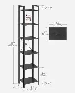 VASAGLE 6-Tier Bookshelf, Bookcase, Shelving Unit, Book Rack, for Office, Study, Industrial, Ebony Black and Black