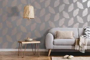 Holden Decor Fawning Feather Metallic Effect Grey Rose Gold Wallpaper, Rose Gold 12629