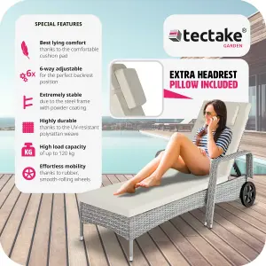 Sun Lounger - 6-position backrest, weather & UV-resistant, soft pillow, two wheels - light grey/cream