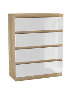 URBNLIVING 90cm Tall 4 Drawer High Gloss Bedside Chest of Drawers with Smooth Metal Runner Oak & White