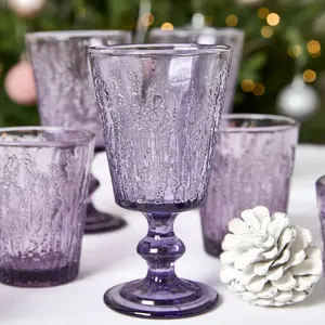 Set of 4 Purple Lavender Embossed Drinking Wine Glass Wine Goblets 300ml