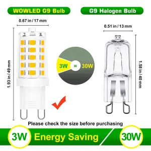 WOWLED 10 X G9 LED Light Bulbs, 3W Warm White, Equivalent to 35W G9 Halogen Bulbs,3000K 230V for Living Room Light Bedroom Light