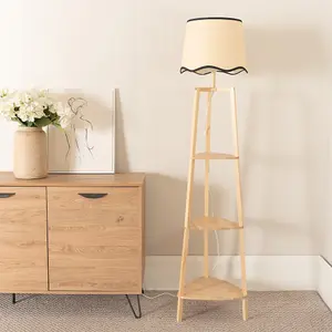 ValueLights Hiru 3 Tier Shelved Wooden Floor Lamp with Linen Black Trim Scallop Tapered Shade