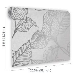 Boutique Royal palm Grey Silver effect Leaf Textured Wallpaper