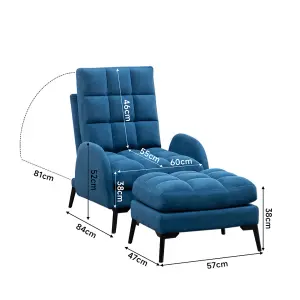 Blue Modern Frosted Velvet Armchair, Upholstered Reclining Chair Lounge Sofa Chair and Footstool Set