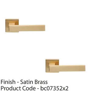 2 PACK - Contemporary Flat Door Handle Set - Satin Brass Sleek Lever on Square Rose