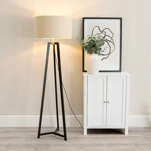 ValueLights Lottie Black Wood Tripod Floor Lamp with Beige/Gold Drum Shade